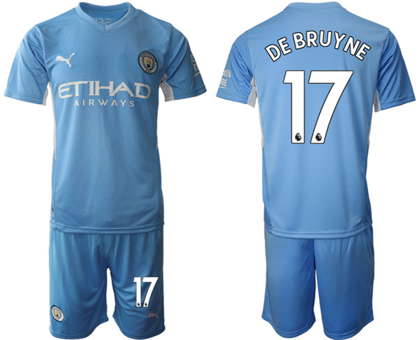 Men's Manchester City #17 Kevin De Bruyne 2021/22 Blue Home Soccer Jersey with Shorts